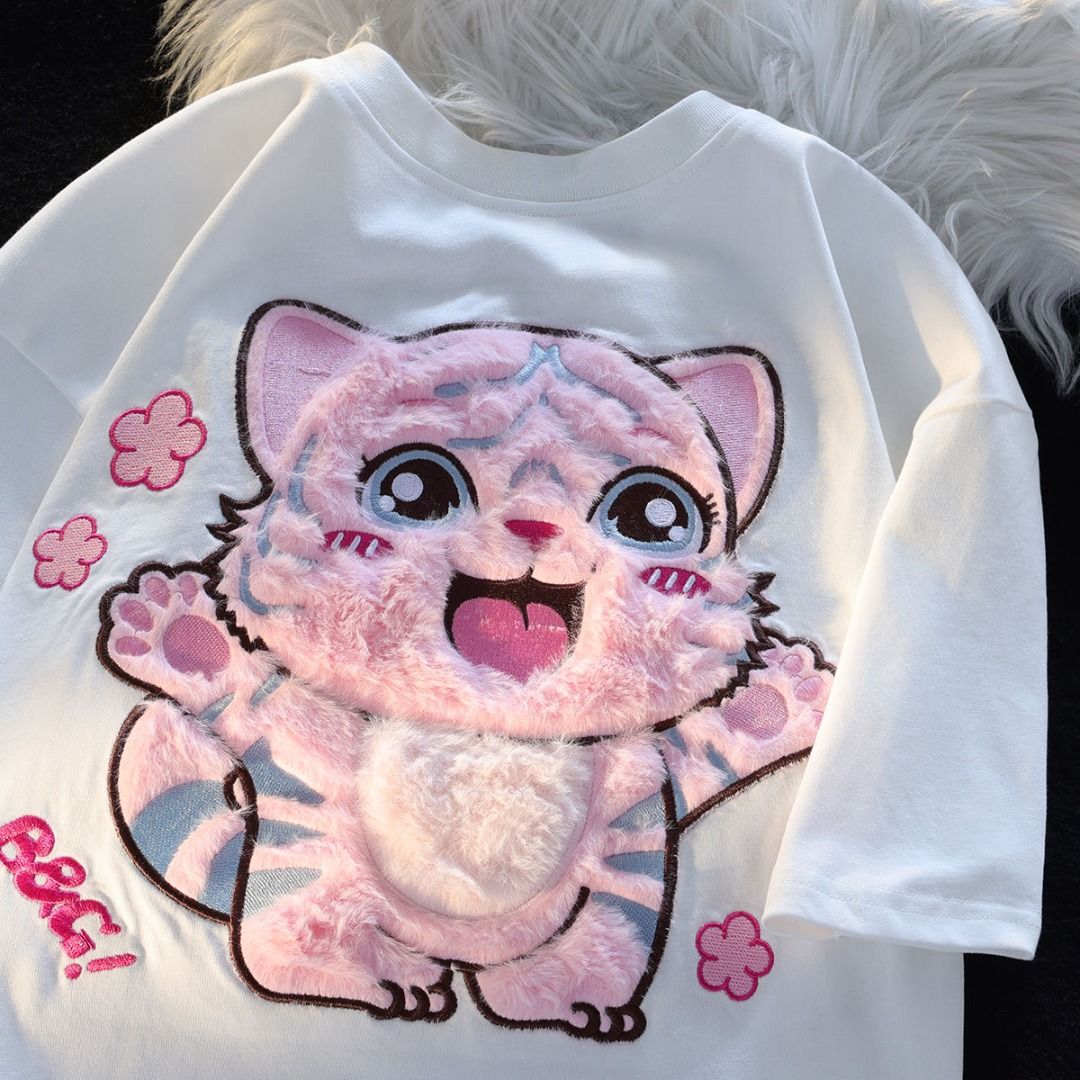 Girlish cute kitten plush embroidery short sleeved T-shirt women