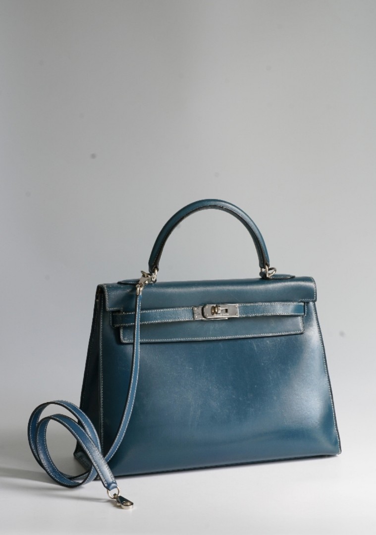 Hermes Kelly Handbag Bleu Thalassa Box Calf with Palladium Hardware 32 at  1stDibs