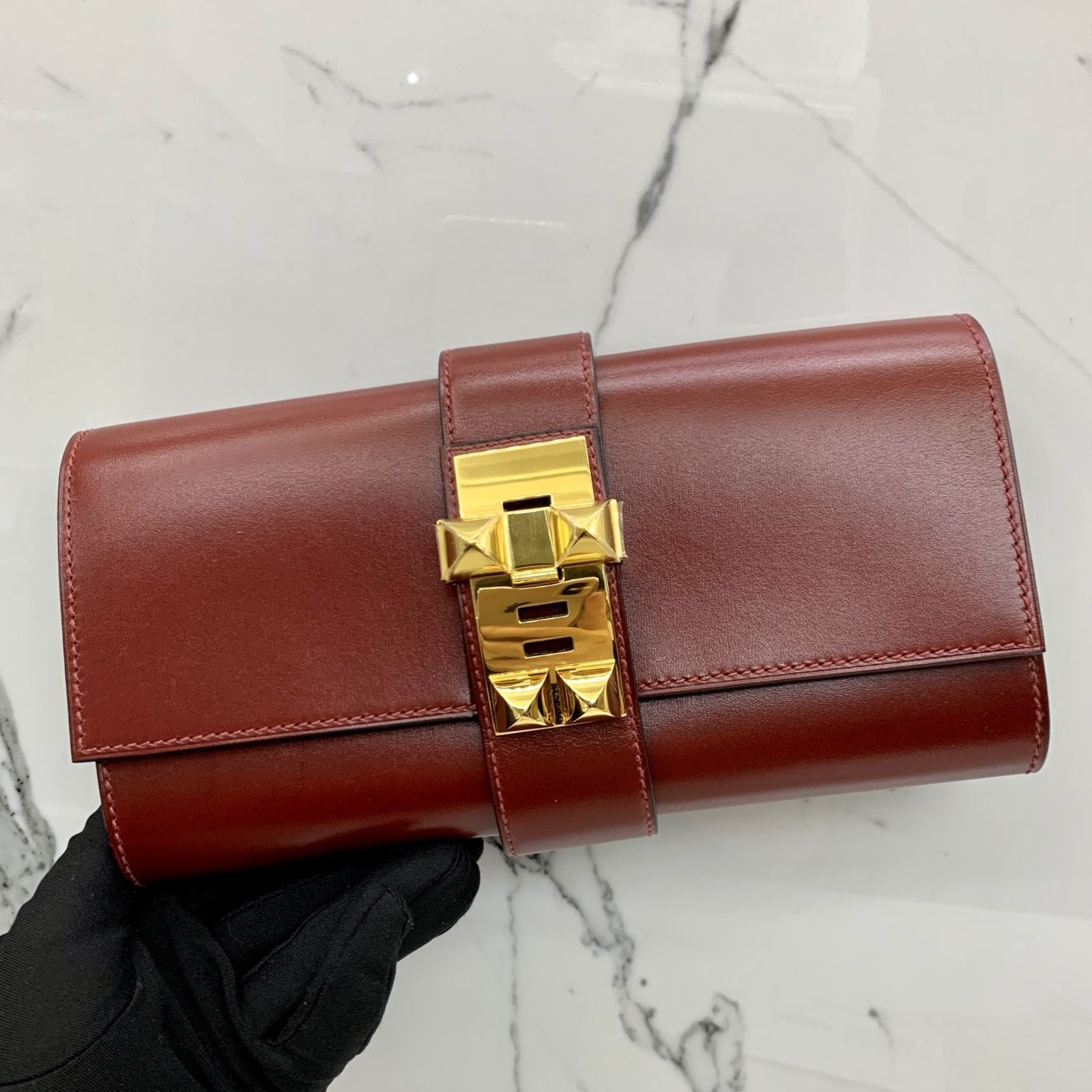 HERMES RED LEATHER MEDOR 23 BOX CALF ROUGE H GHW SQUARE O CLUTCH