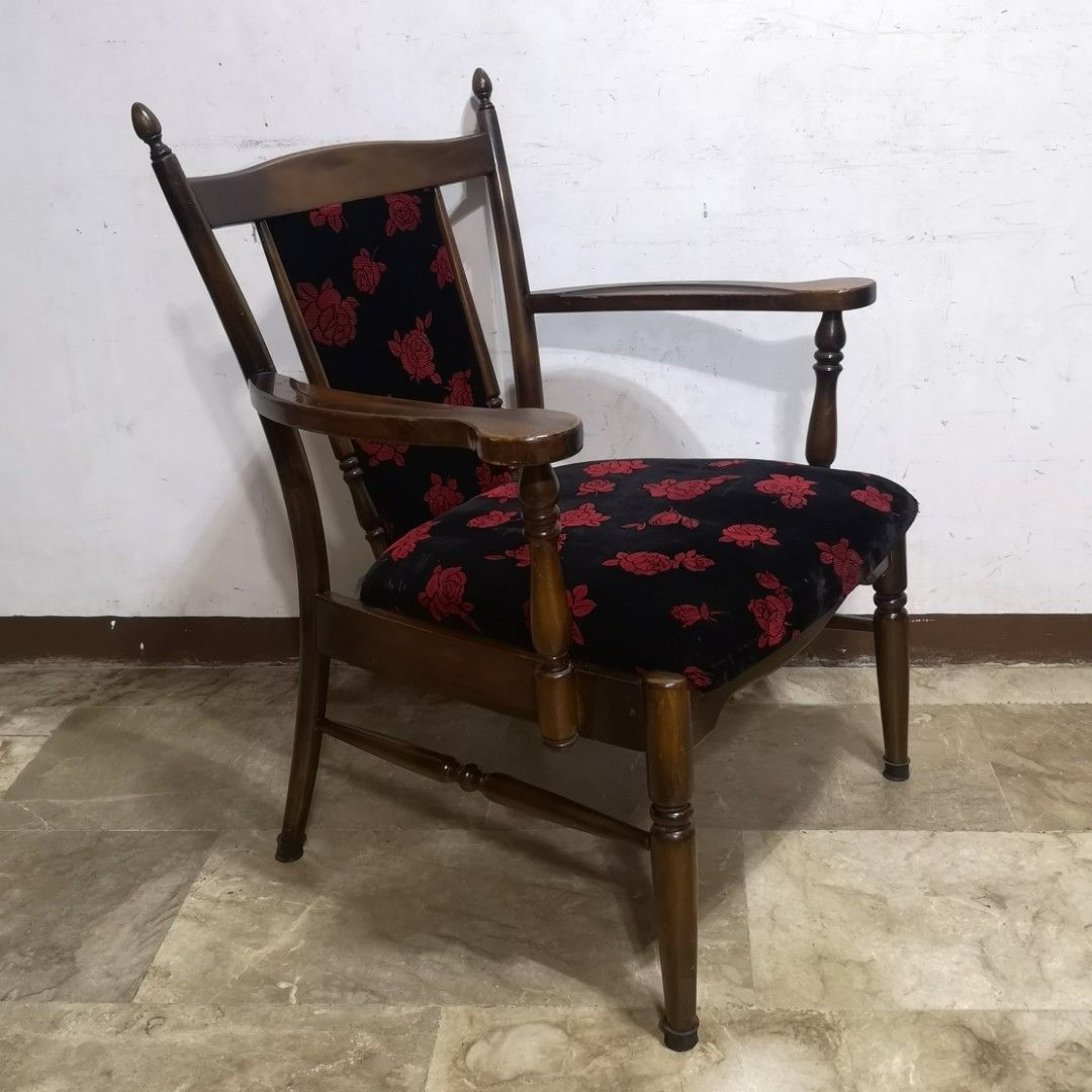 KARIMOKU Mid century accent armchair hard solid wood velvet floral cushion 1pc only Furniture Home Living Furniture Chairs on Carousell