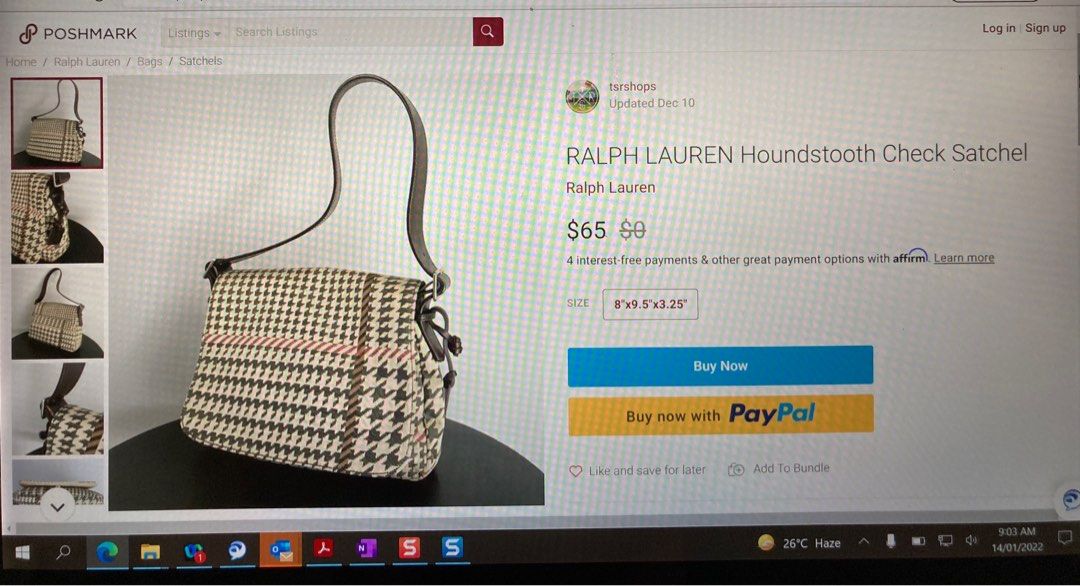 Ralph Lauren Houndstooth (Category: Shoulder Bags) located in Makati City. Submitted by matchmatch (Listing ID 1206288591, Image 3). Description: Authentic from US RFS: Decluttering No Low Ballers please (sorry but i wont respond to low ballers) In very good condition well-maintained Rare design Mode of Payment: GCASH or Metrobank only. Poshmark sells it at USD65.00 (roughly Php3,600 plus shipping). Pre-loved condition too. #kilikilibag #ralphlau