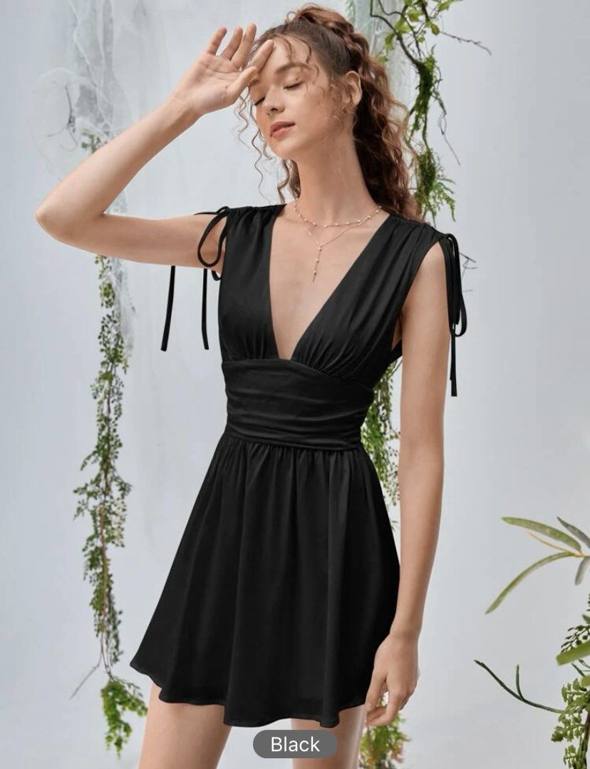shein black satin dress SHEIN BAE Elegant,Black,Summer,Tropical,Cocktail Strapless Backless Plunge Neck Mermaid Satin Dress For Women,Solid Wedding Bridesmaid Valentine's Day Outfits