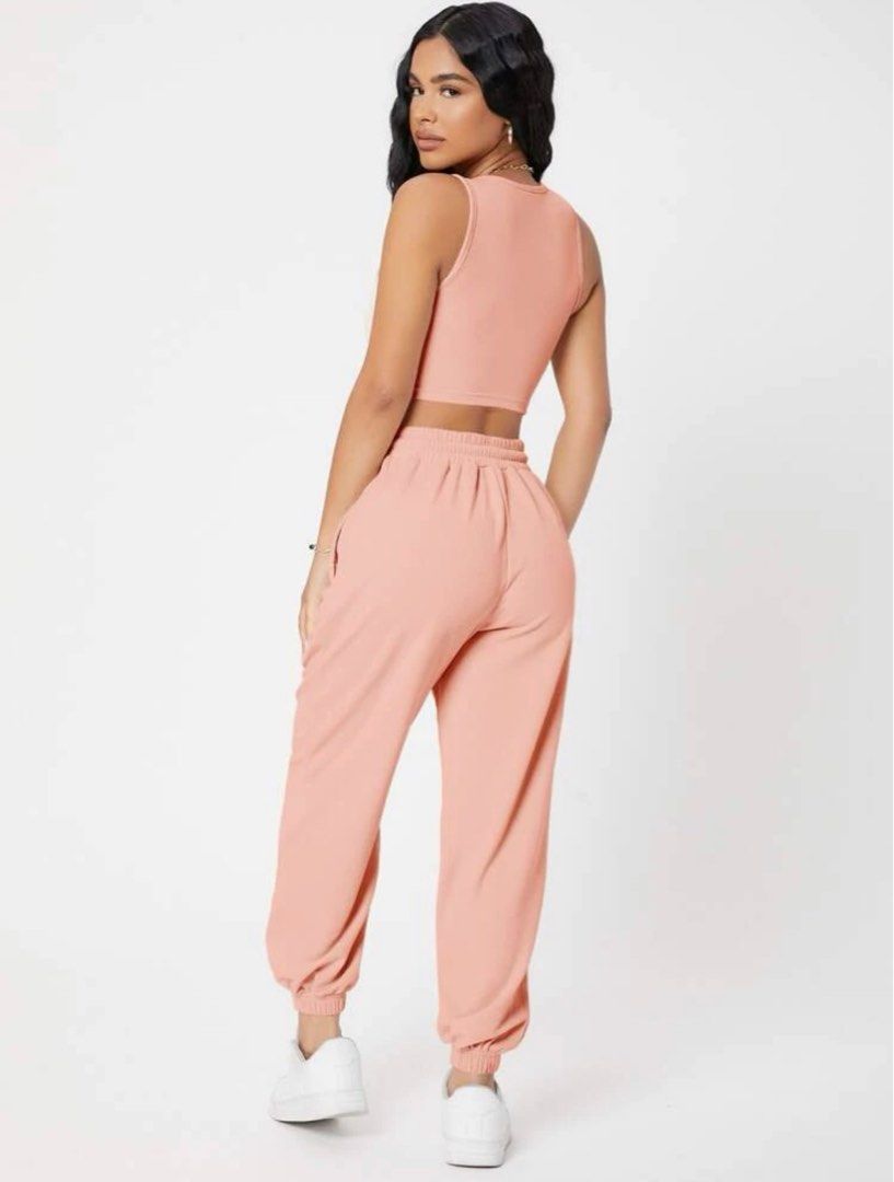 SHEIN PETITE Baby Pink Solid Crop Tank Top Joggers Long Pants
