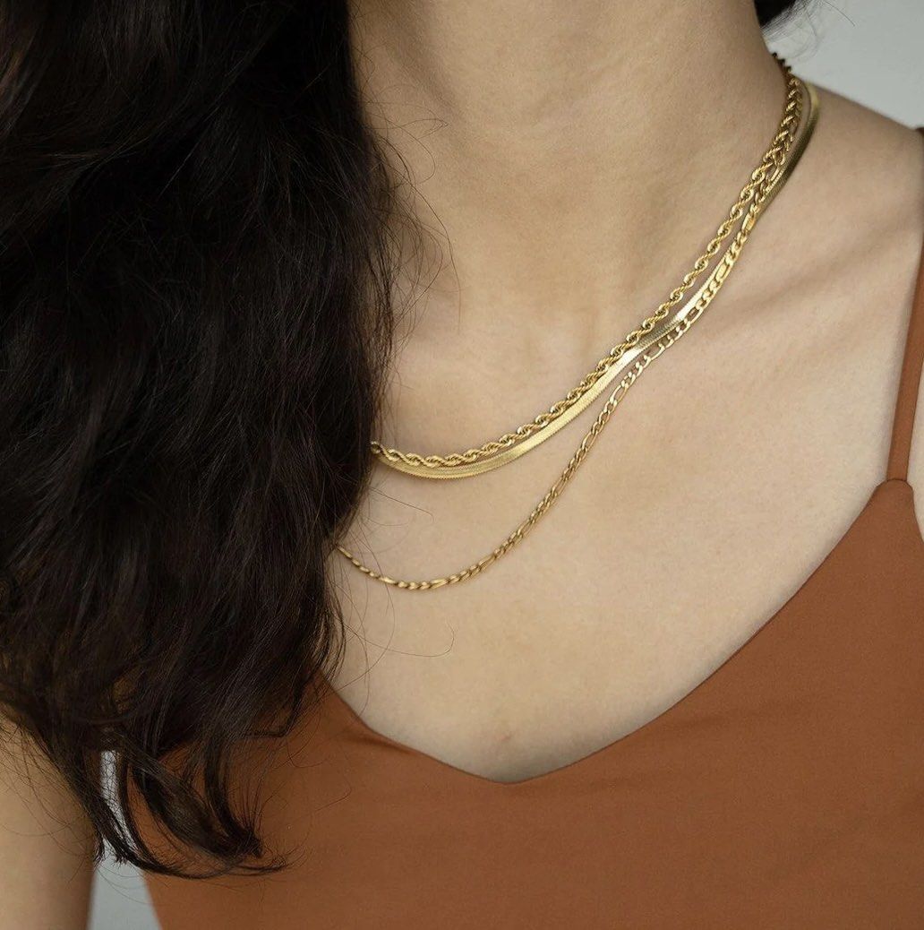 Stainless Steel Gold Herringbone Flat Necklace Women s Fashion