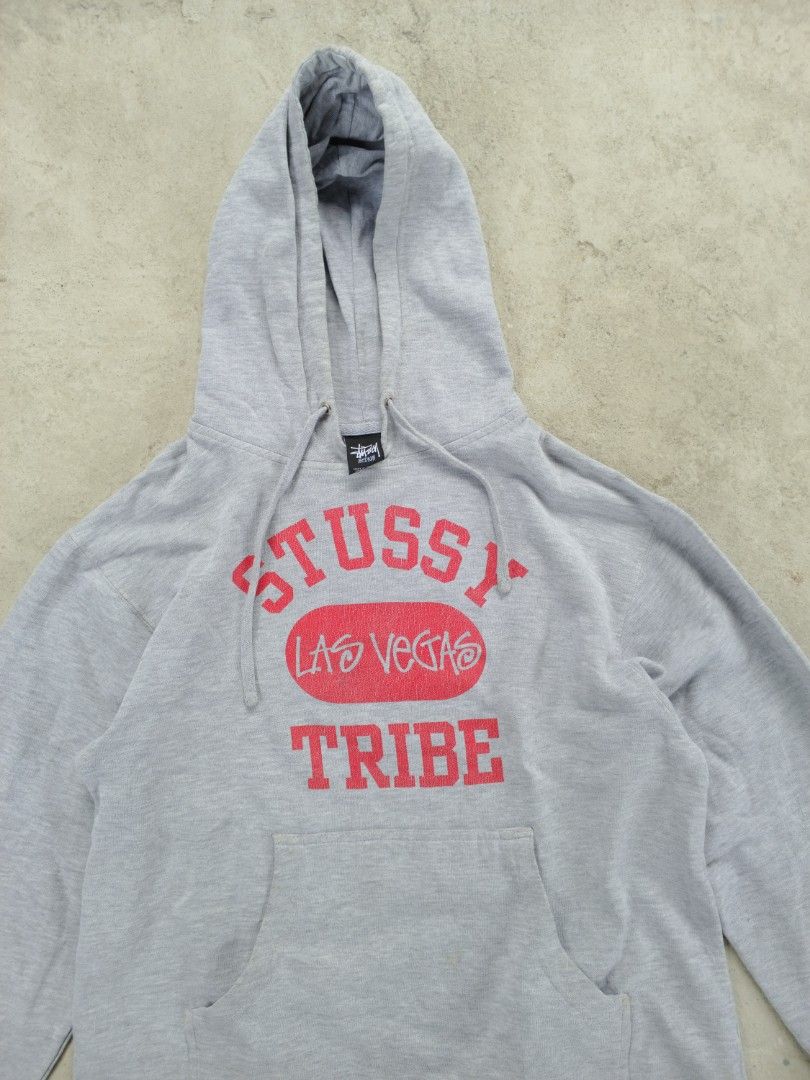 Grey stussy hoodie red writing store