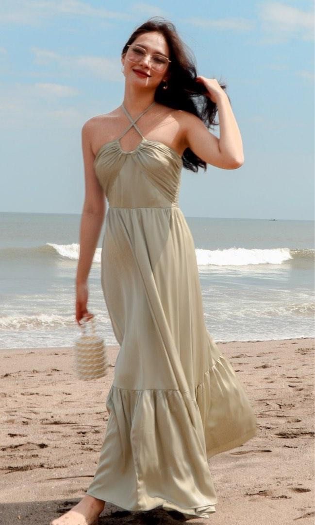 The Style Soir e Santiago Satin Maxi in Pistachio Green Beach Dress Gown