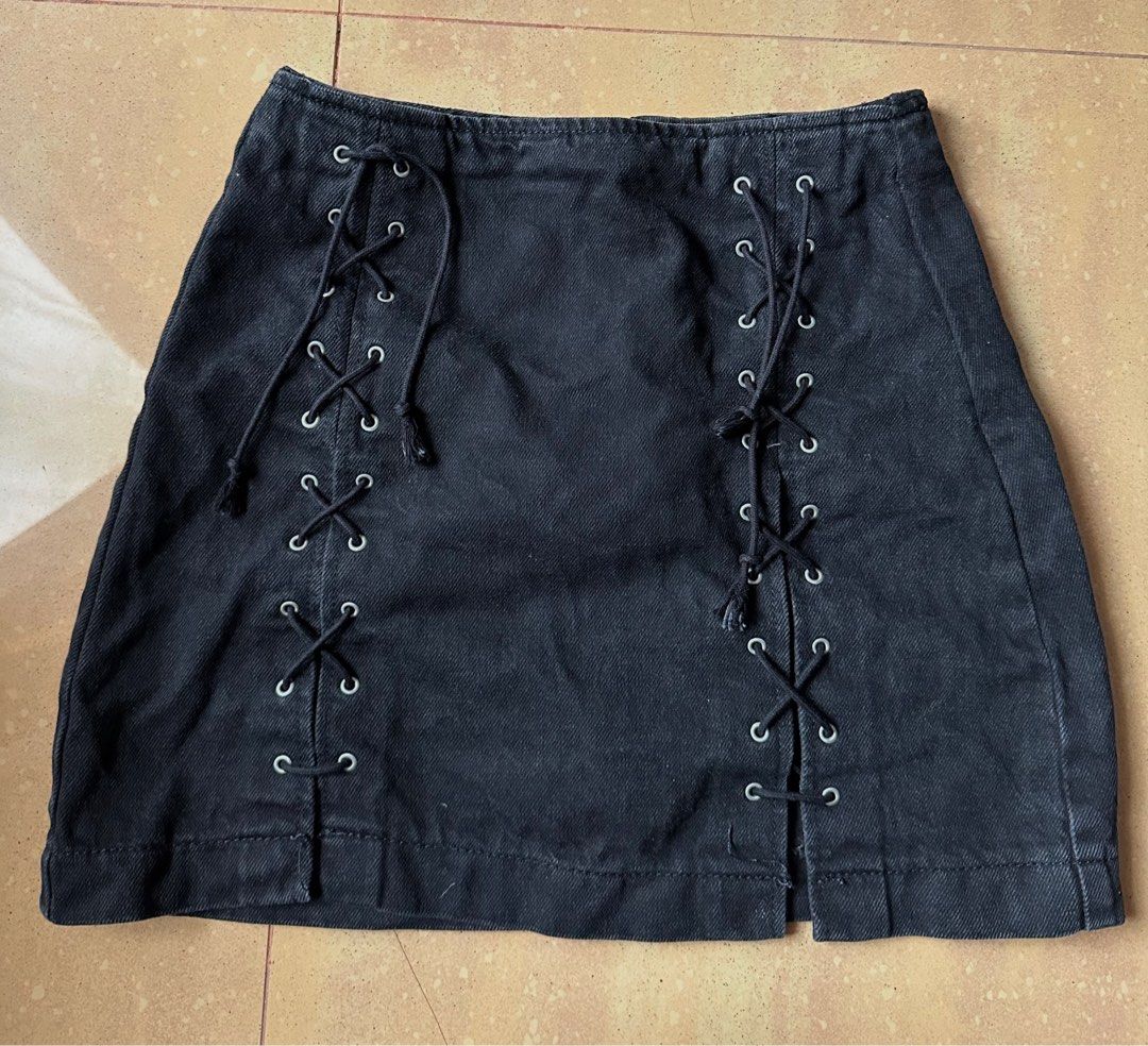 Black lace store up denim skirt