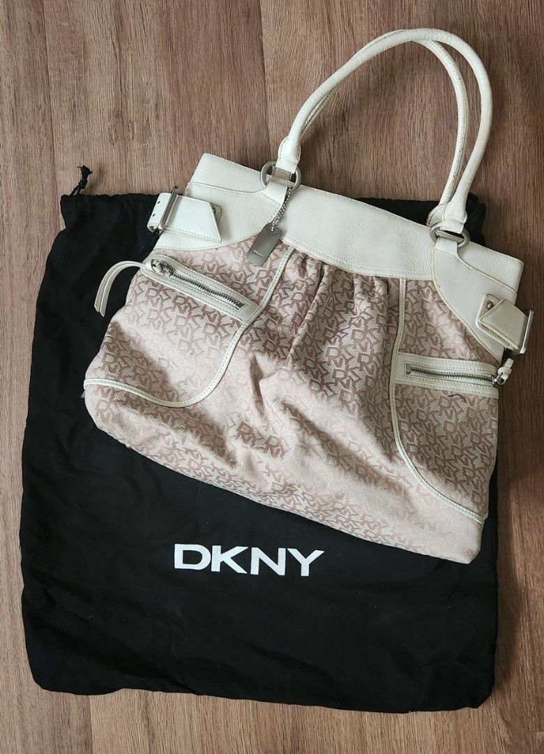 Vintage DKNY Bag Canvas Leather Beige White Monogram Women 