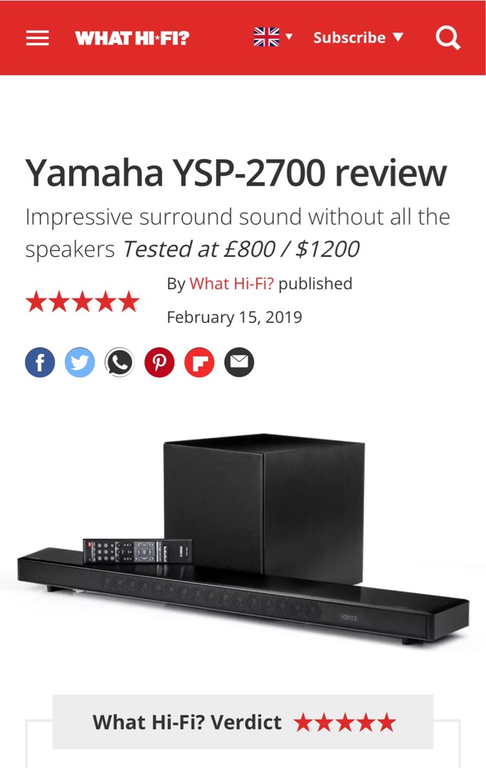 YAMAHA YSP 2700 Sound Projector with wireless Subwoofer