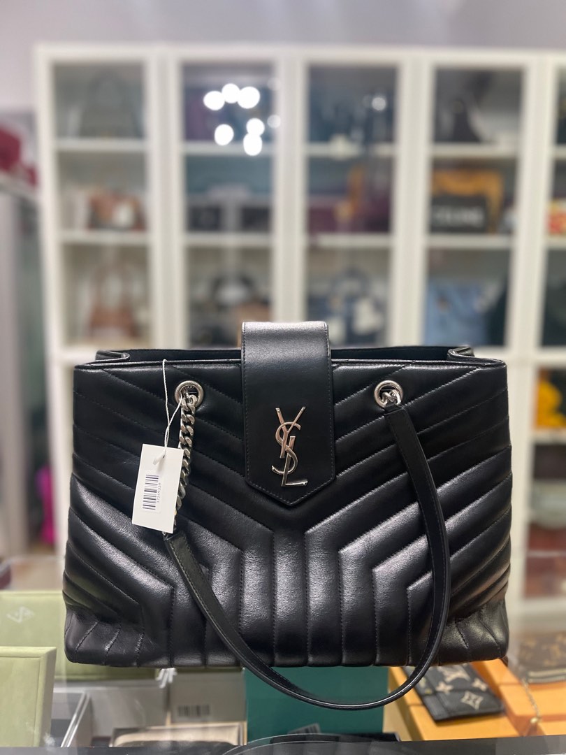 YSL Loulou Large Tote Bag in Black Quilted Y Leather and Silver