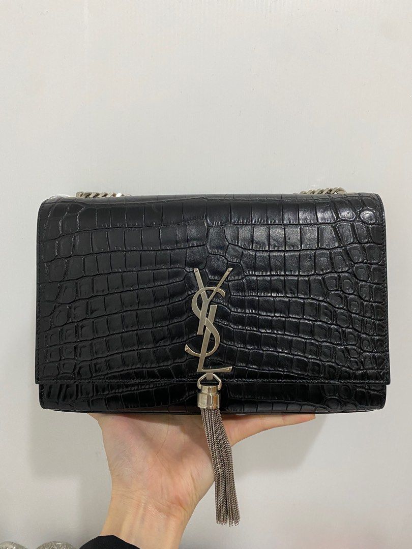 YSL Medium Kate in Black Croc Embossed with Tassel SHW Luxury