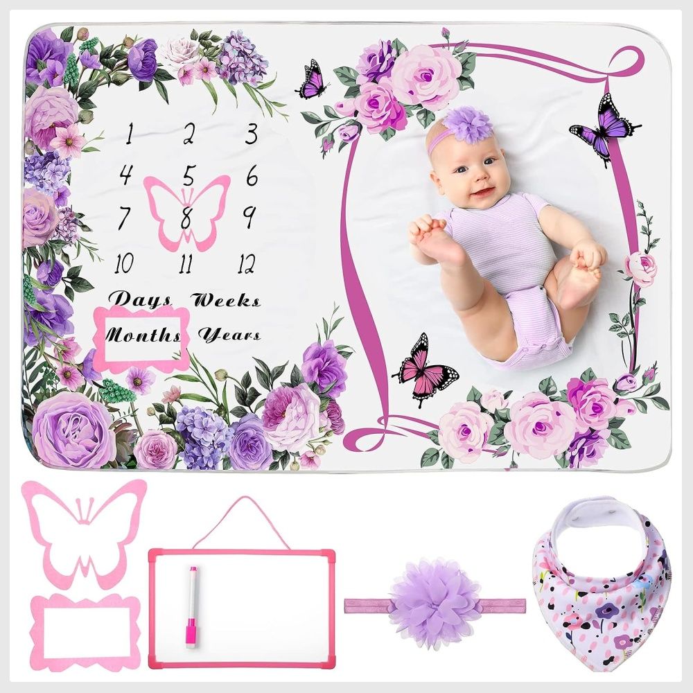 Baby monthly milestone blanket girl floral plush fleece baby photography backdrop memory blanket for newborns large hotsell