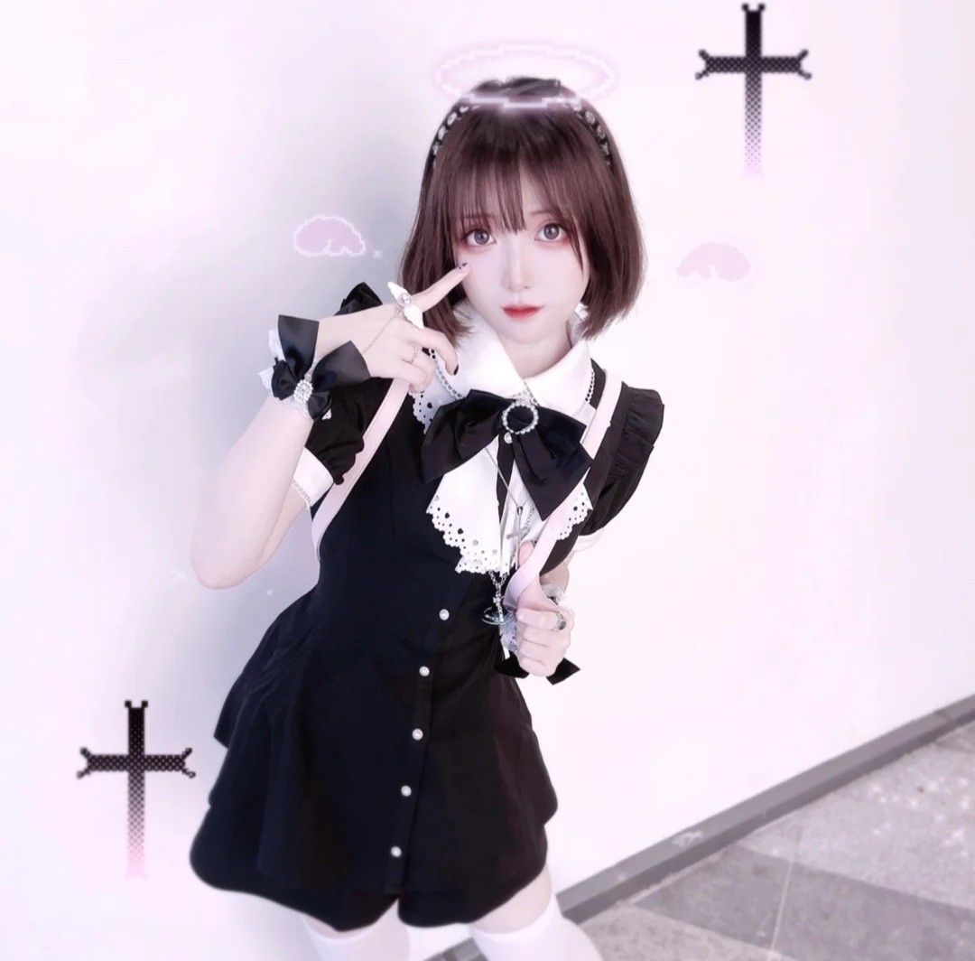 暫掛／未到手] secret honey 純黑黑色愛心短袖套裝。， jamie