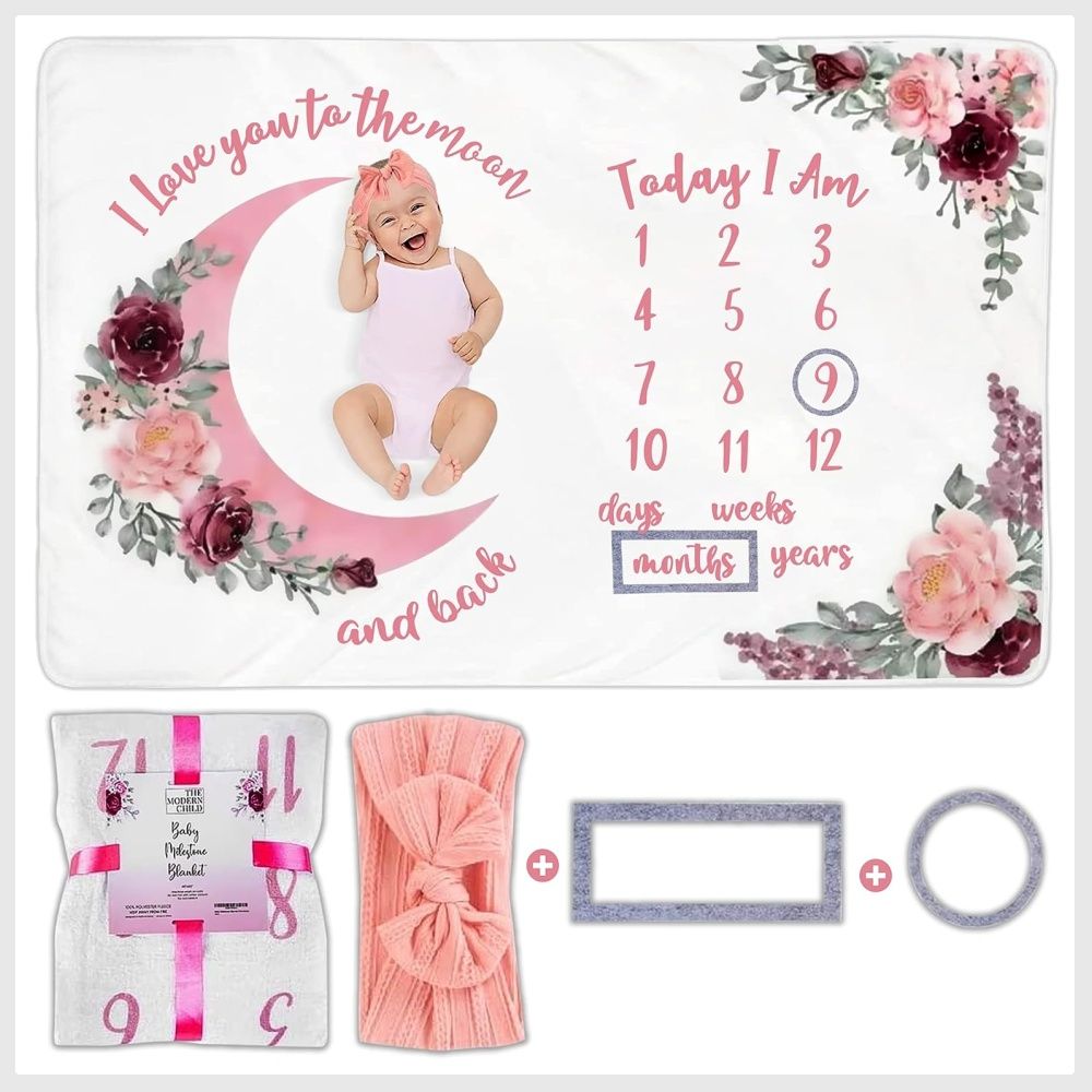 Baby Milestone Blanket Monthly Milestone Blanket for Baby Girl Custom Soft Fleece Photography Background Personalized Newborn Growth Chart Premium Floral Moon 60 X 40