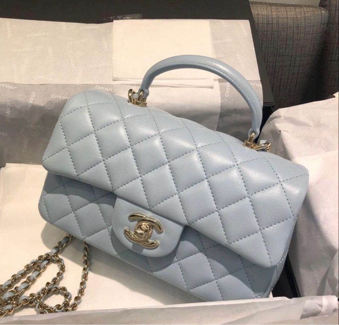 Chanel mini flap with top handle baby blue, Luxury, Bags & Wallets