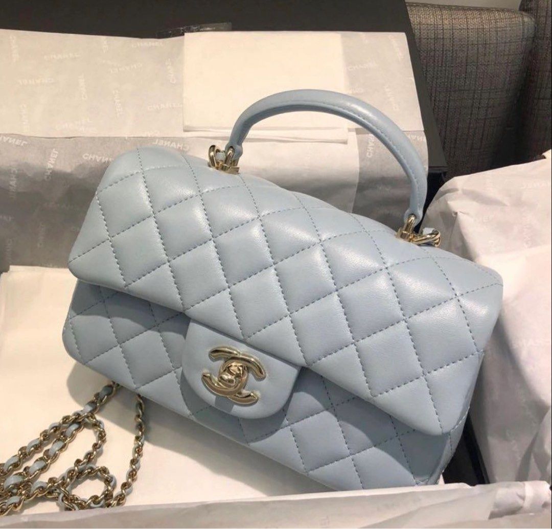 Chanel mini flap with top handle baby blue