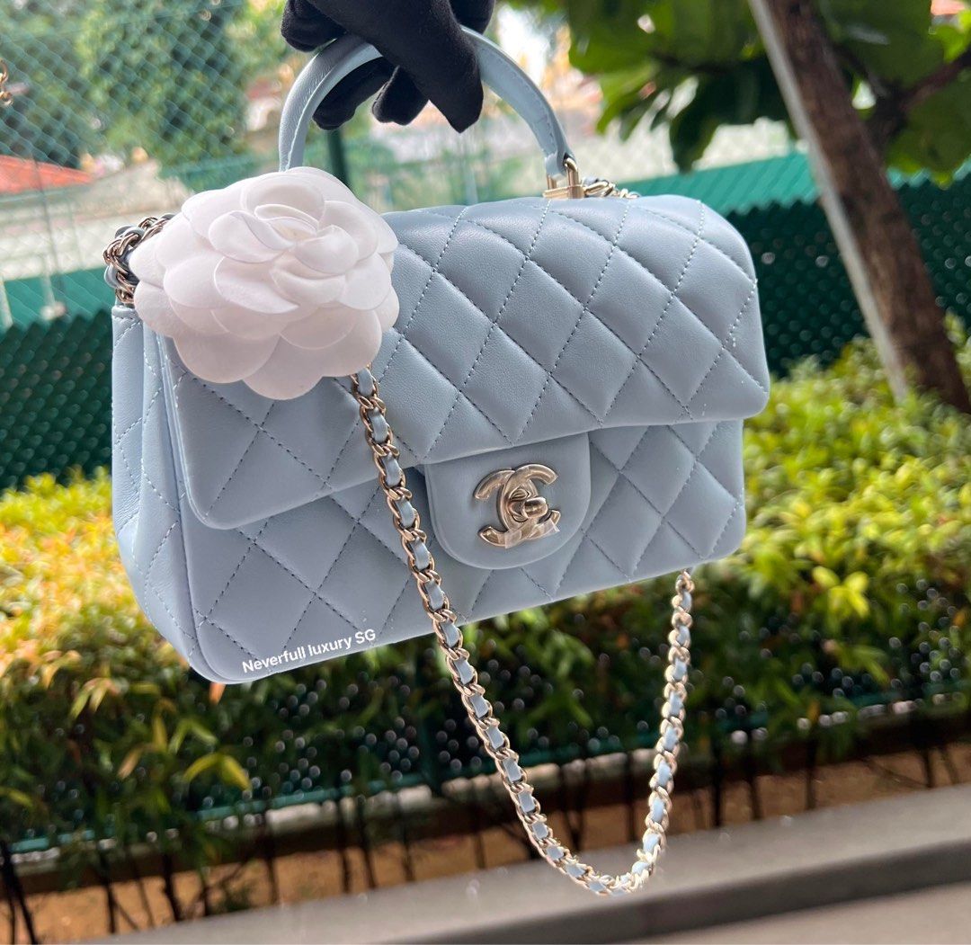 Chanel Mini Top Handle Baby Blue Quilted Lambskin in GHW