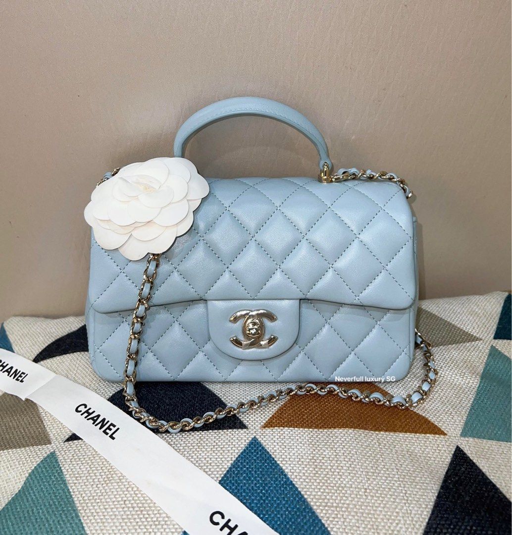 Chanel Mini Top Handle Baby Blue Quilted Lambskin in GHW