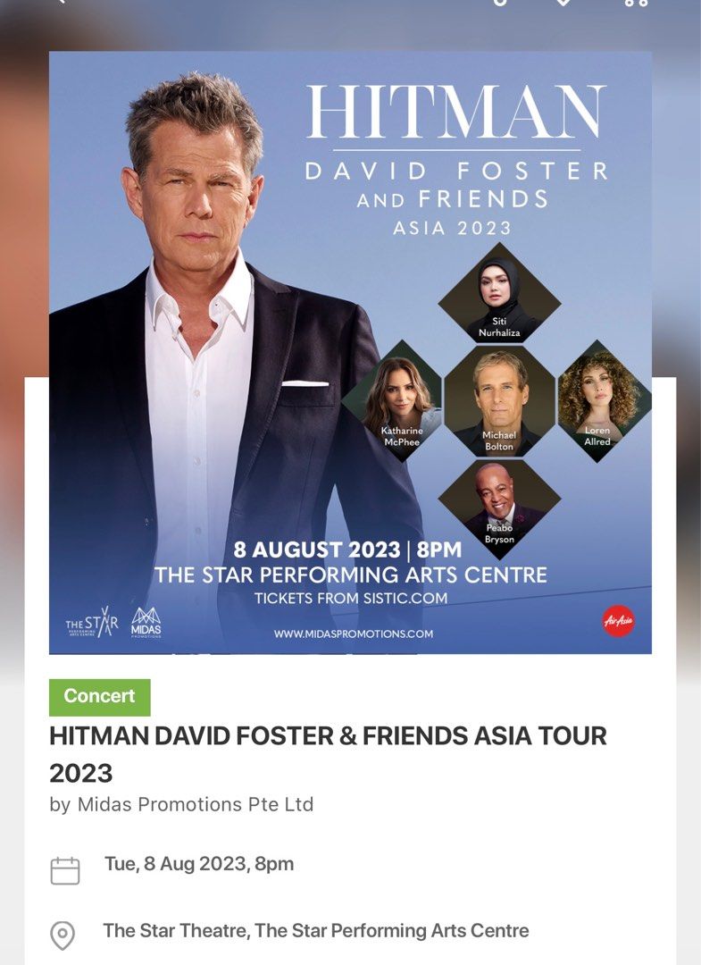 David Foster Concert 8 Aug, Tickets & Vouchers, Event Tickets on Carousell