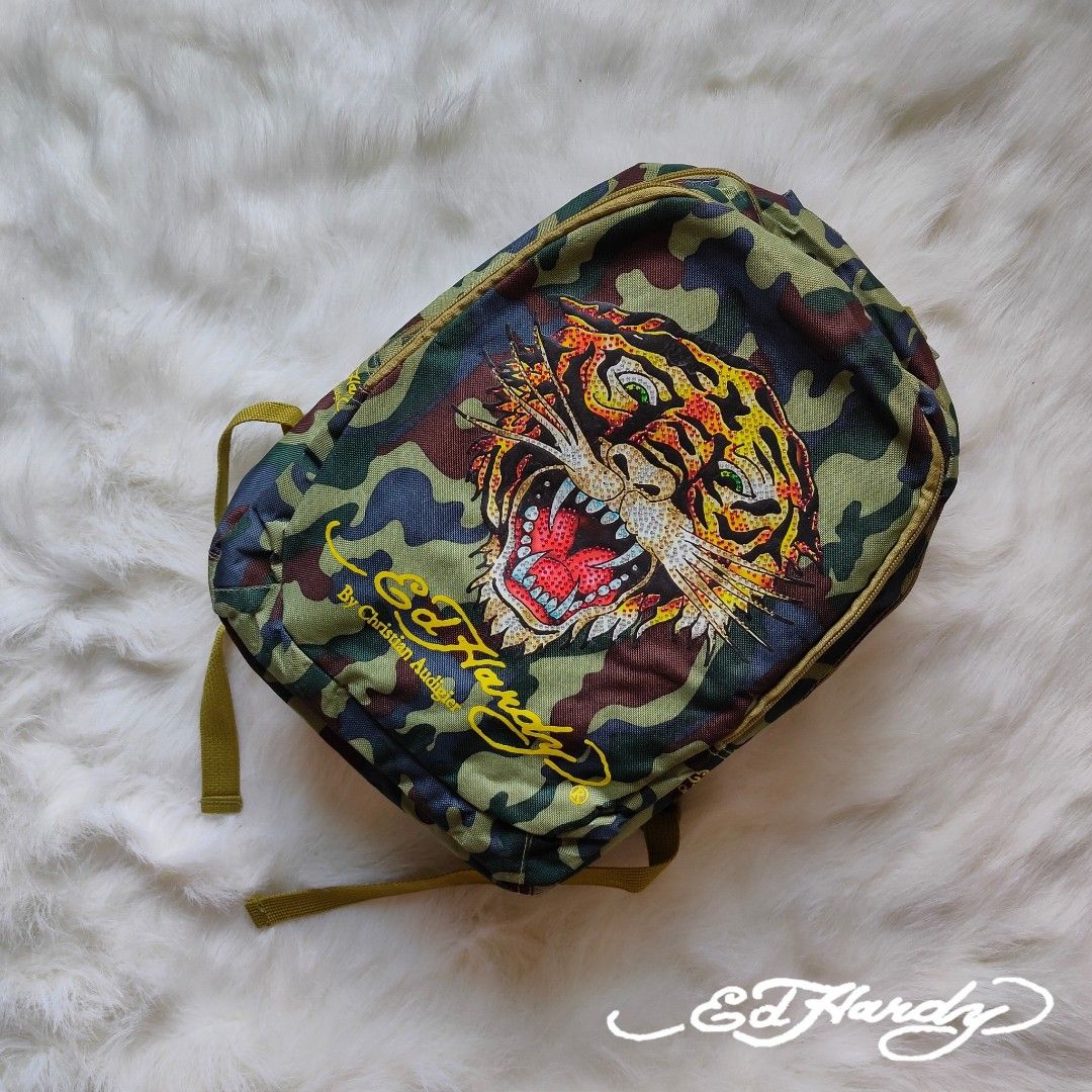 ED HARDY by CHRISTIAN AUDIGIER CAMO BACKPACK Printed Tiger Logo w Crystal accents Men s Fashion Bags Backpacks on Carousell