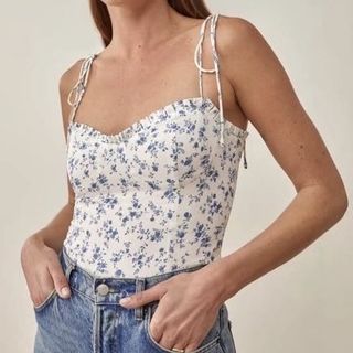 Floral Cami Tie Sling Top Blue / White