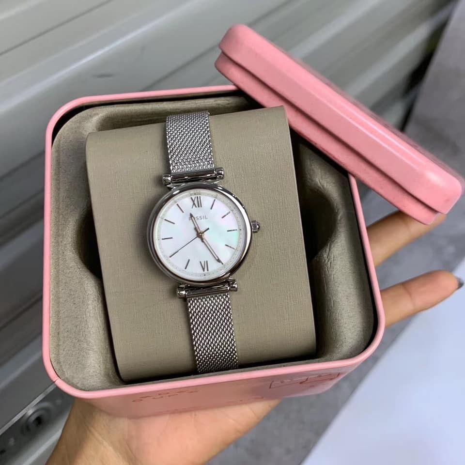 Fossil ES4432 Carlie Three-Hand Mother of Pearl Dial Mesh Strap Ladies ...