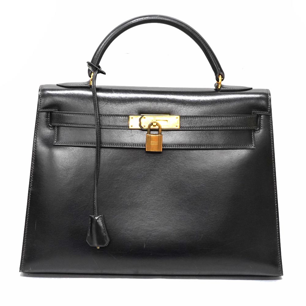 Hermes Kelly 32 Hand Bag Box Calf So Black N Stamped Inner Seam Metal Fittings