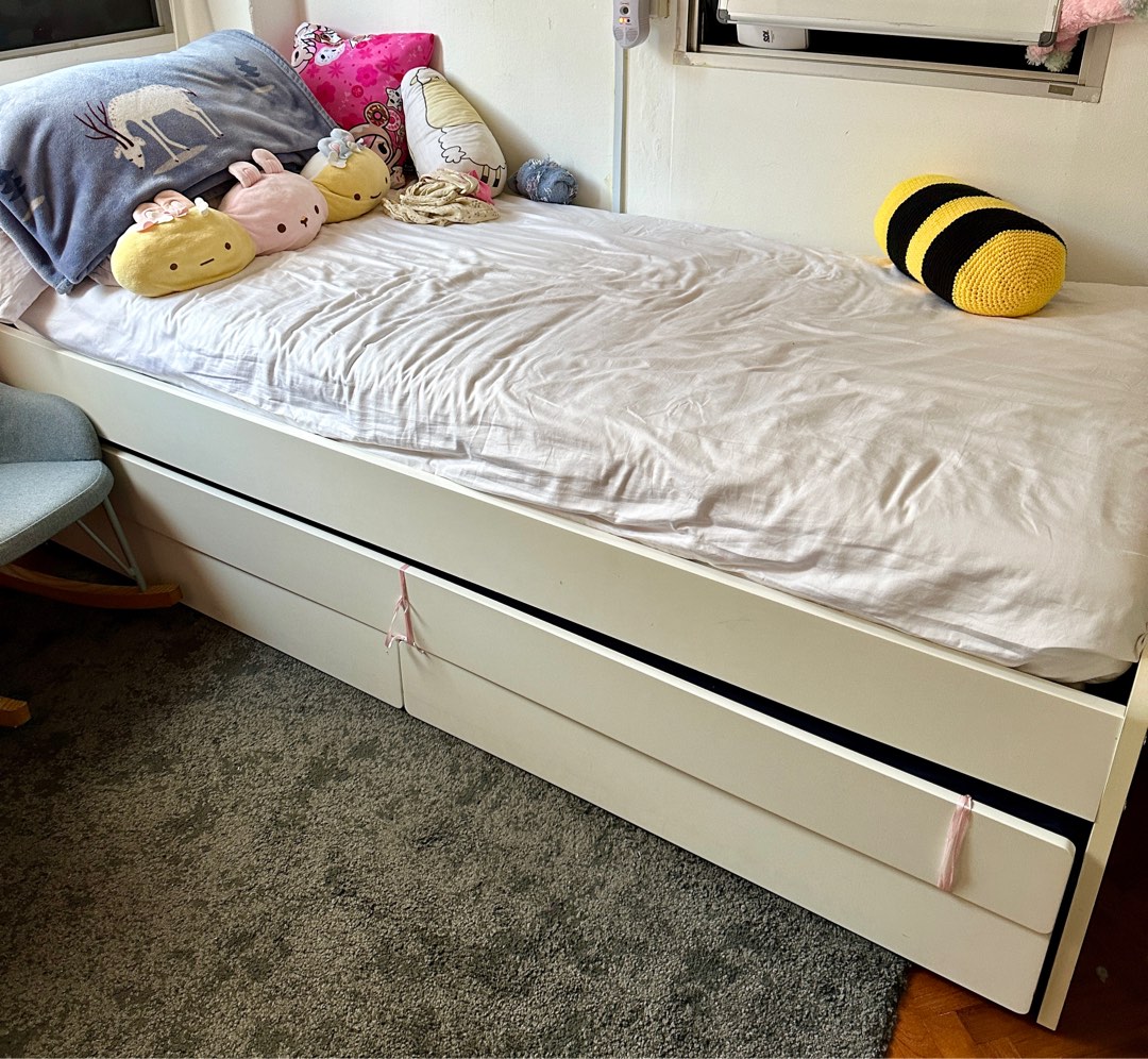 IKEA single pull out bed with drawers and mattress, Furniture & Home