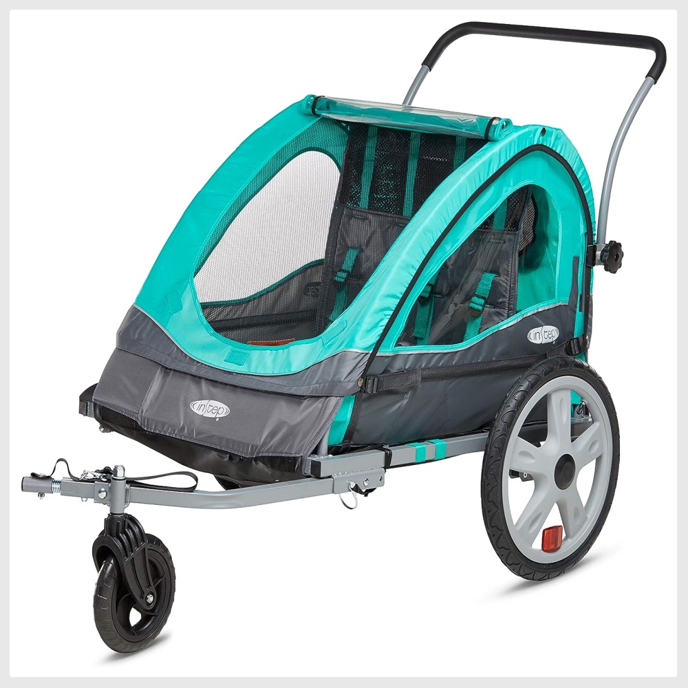 Instep Quick N EZ Double Tow Behind Bike Trailer for Toddlers Kids Converts to Stroller Jogger 2 in 1 Canopy Universal Bicycle Coupler Folding Frame Multiple Colors Sports Equipment Bicycles Parts Par...