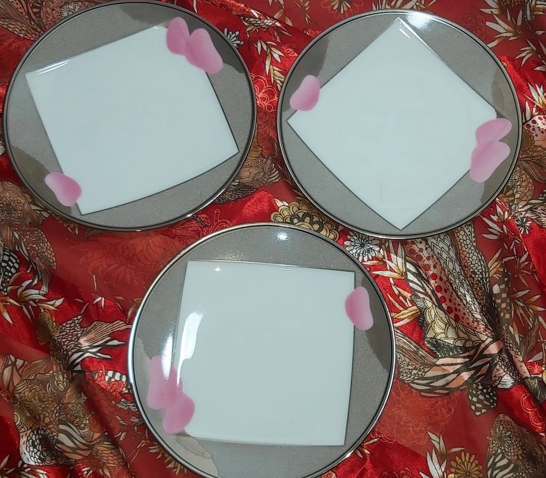 Noritake Gray with pink accent saucers 3 pieces (Category: Dinnerware & Cutlery) located in San Pedro. Submitted by PrettyBakersCollection (Listing ID 1246751547, Image 1). Description: ▪︎Its a Japan Surplus item Gray with Pink accent Saucers 3 pieces for 100pesos Diameter: 6 inches *with silver lining *with minor scratches Happy shopping suki-langga!.