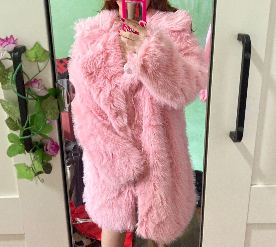Pink Fluffy Faux Fur Winter Coat