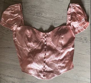 pink satin puff sleeve corset-like top