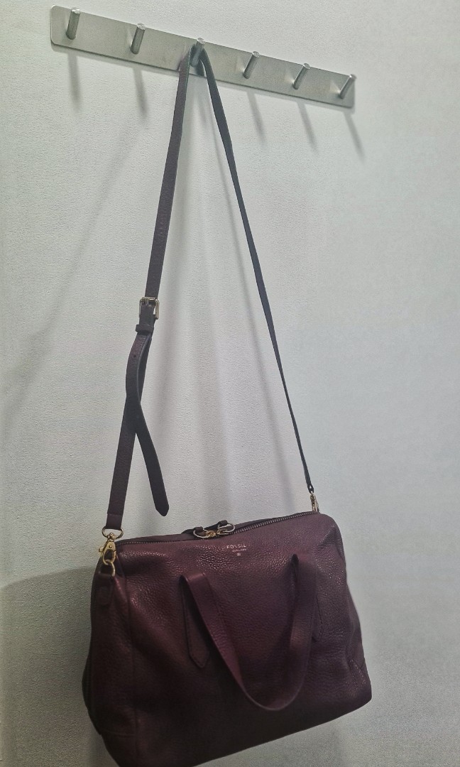 FOSSIL SYDNEY Raisin Leather Satchel Handbag Crossbody Purse Burgundy  Maroon