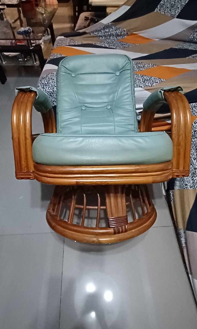 Rattan Reclining and Swivel Chair in Leather Seat with Side Pockets from Japan, Preloved