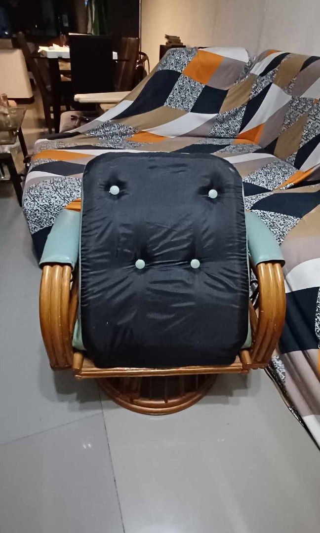 Rattan Reclining and Swivel Chair in Leather Seat with Side Pockets from Japan, Preloved
