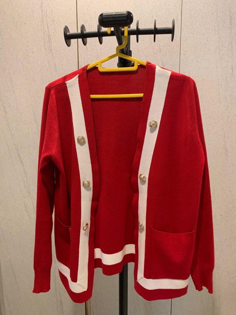 Red and white cardigan Women s Fashion Coats Jackets and