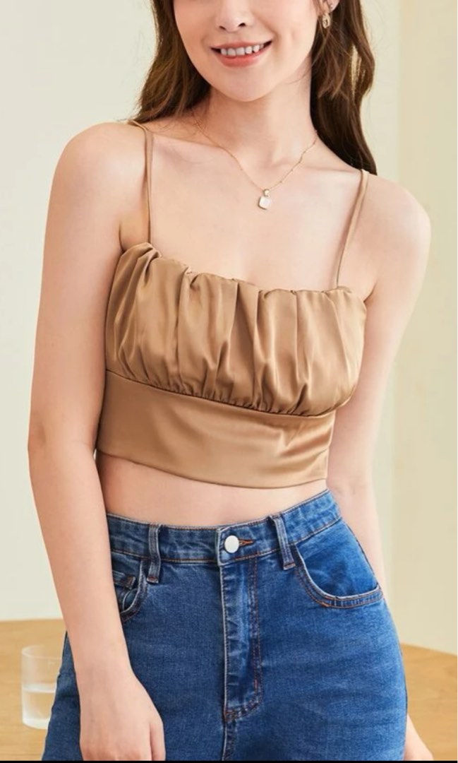 SHEIN Plus Lace Trim Ruched Satin Cami Crop Top