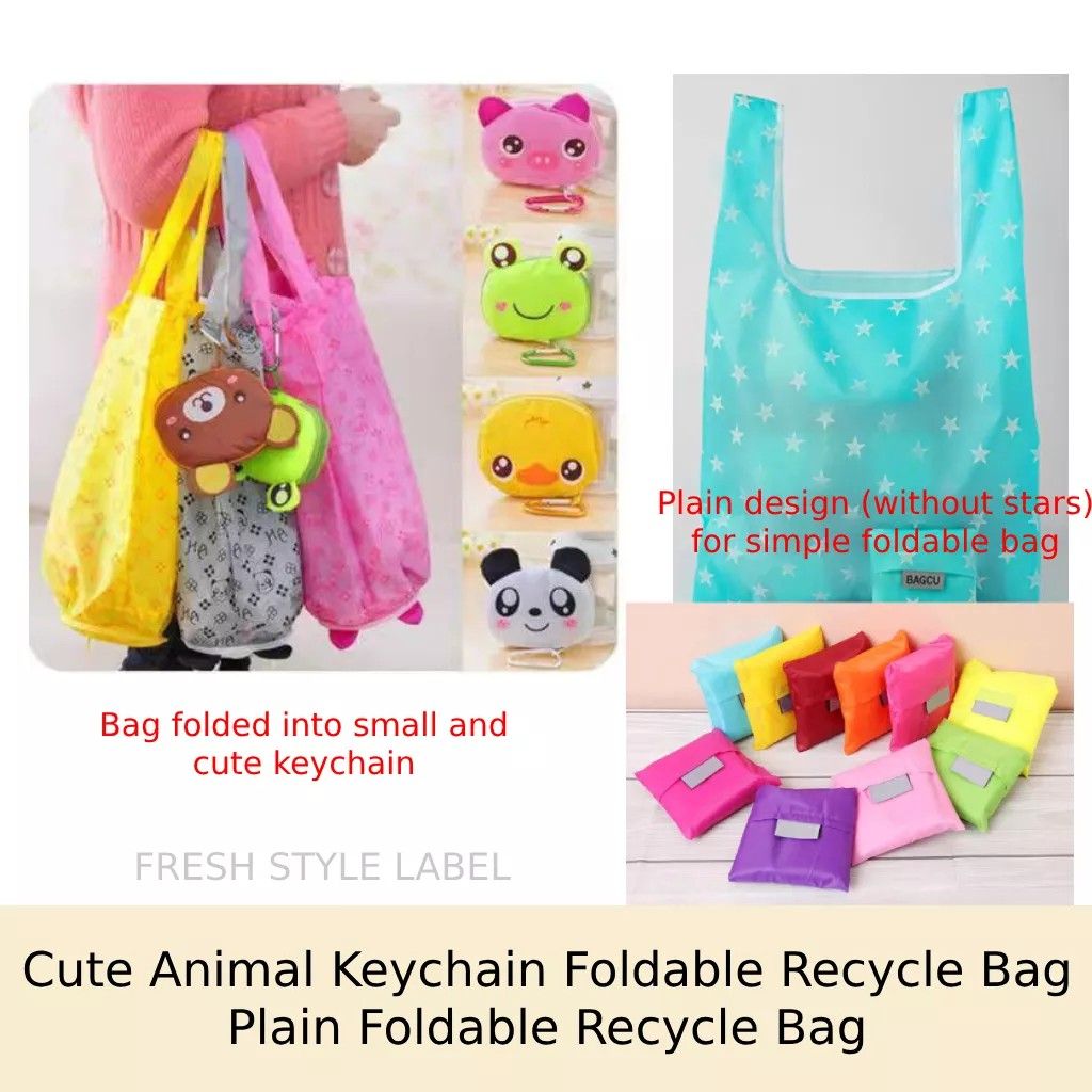 SG Ready Stock Foldable Waterproof Recycle Bag Plain Cute Animal Keychain Small