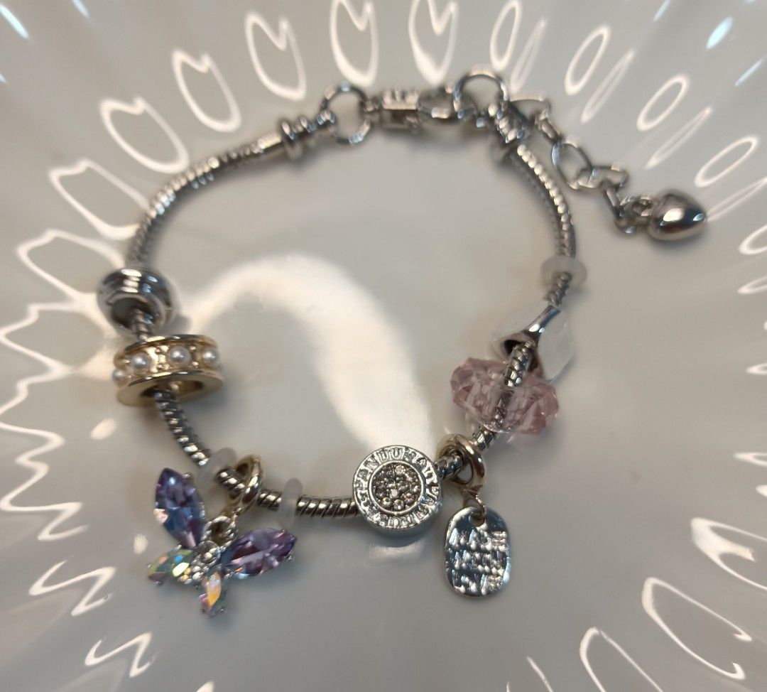 Silver bracelet with Light Purple Butterfly charm Women s Fashion