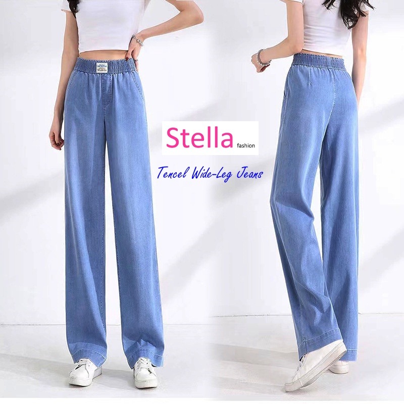 Stella Fashion Women's Casual Tencel Denim wide-Leg Jeans Thin Straight  Loose Trousers Plus Size Elastic Waist Pants, Women's Fashion, Bottoms,  Jeans & Leggings on Carousell