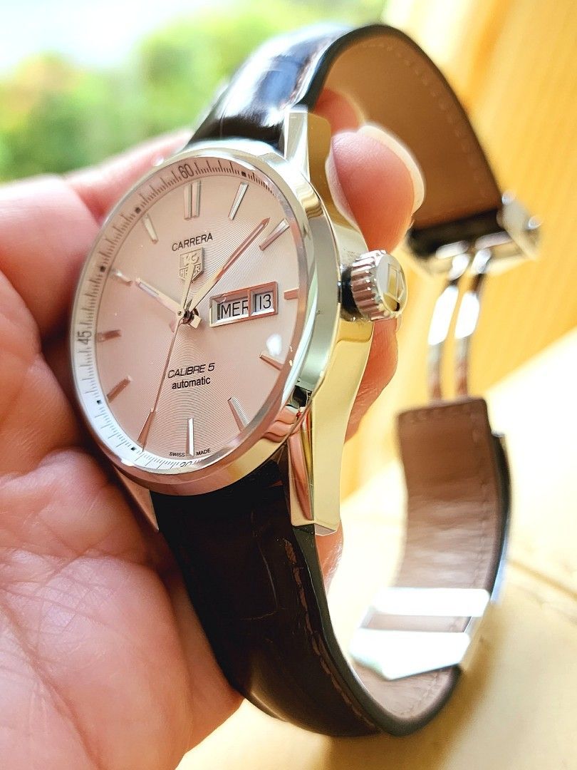 TAG Heuer Carrera Calibre 5 Day Date Stainless Steel Brown Leather Strap Automatic Mens 41mm