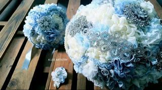 Wedding Bride's Fabric Bouquet, Groom's Buttonierre & Maid of Honor Bouquet Set