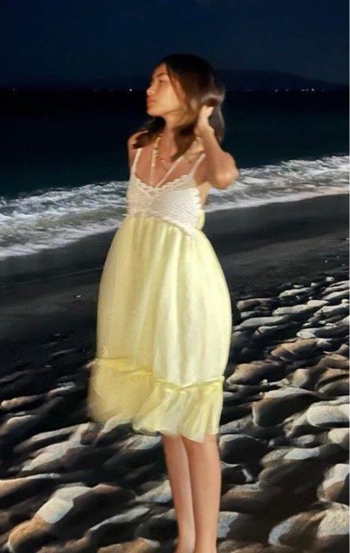 yellow knitted halter crochet beach dress, Women's Fashion, Dresses & Sets,  Dresses on Carousell