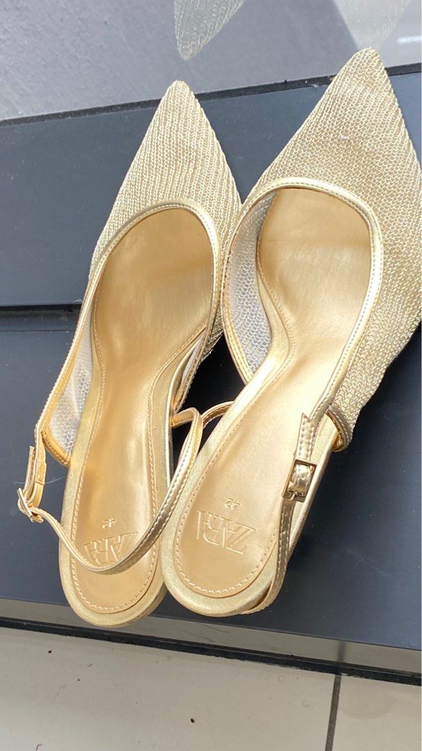 Zara women gold Mesh heeled slingback shoes in EUr size 42