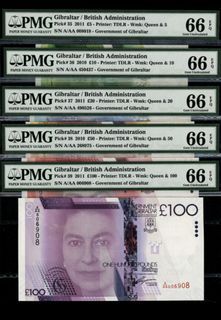 🇬🇮 Gibraltar Complete Set  A/AA Prefix 5, 10, 20, 50, 100 Pounds Banknotes All PMG 66 EPQ