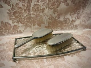 ⚜️ Vintage 1940s Art Deco Style Silver Backed Boudoir Set - Vanity Hair Brush and Clothes Brush Set With Engine Turned Decoration