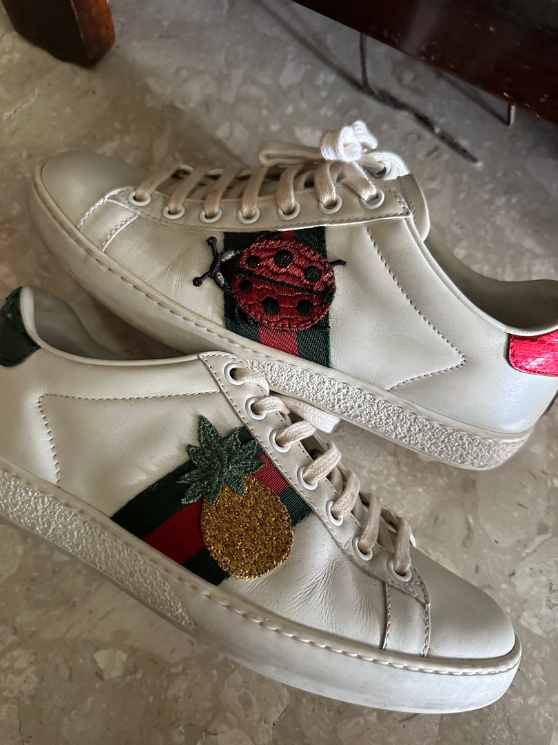 GUCCI Ace Pineapple Ladybug Leather Sneakers Sz 38.5 G