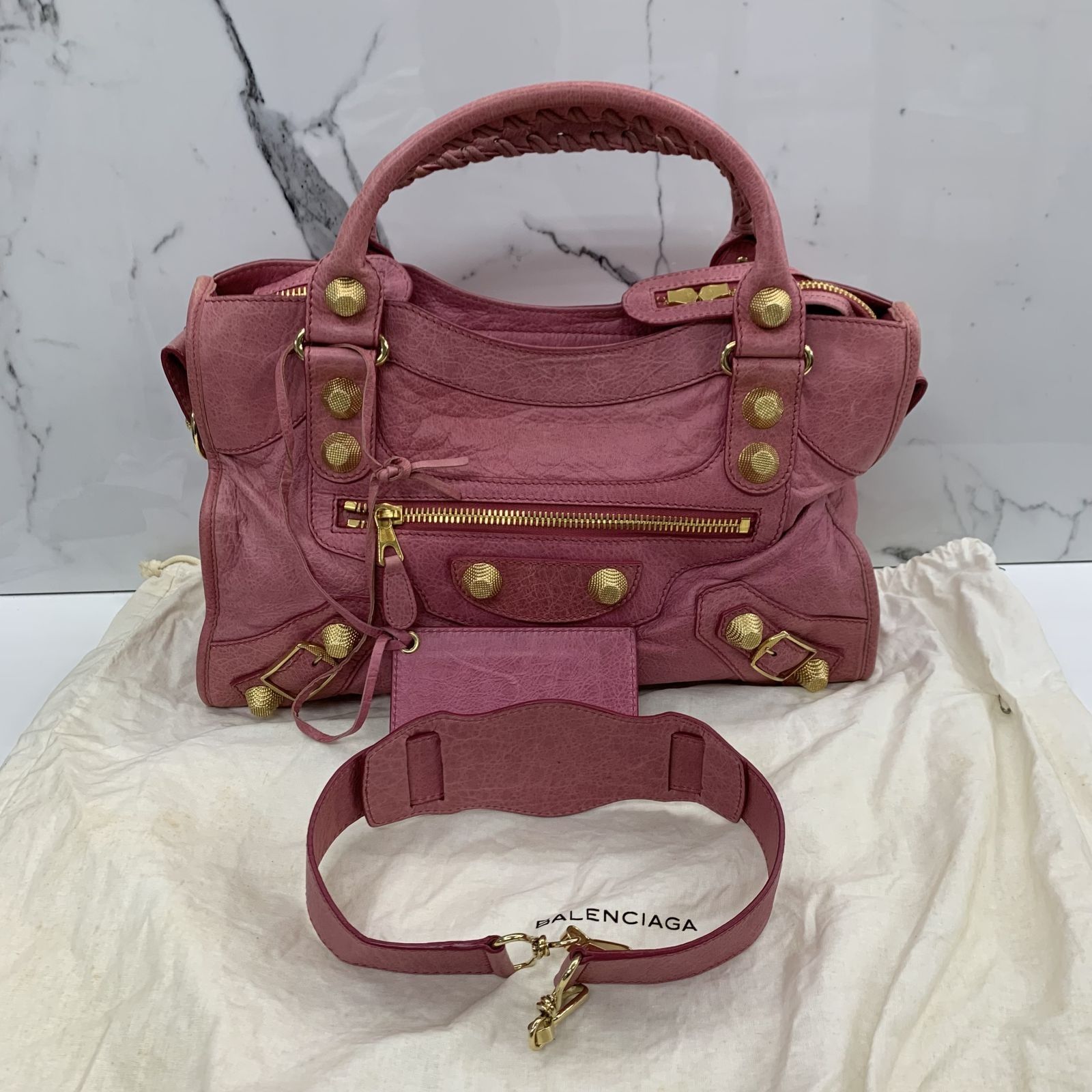 BALENCIAGA 173084 GIANT CITY PINK LEATHER 2WAY SHOULDER BAG 