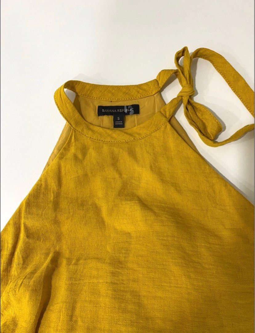 banana republic mustard yellow dress Banana Republic Tiered Crepe Dress Sz 6 GUC Mustard Sleeveless Pockets