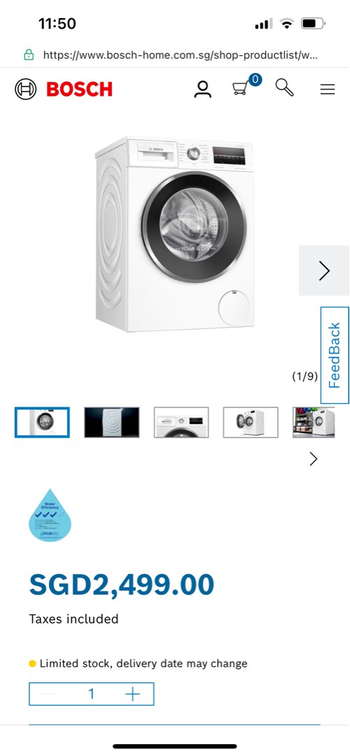 Bosch Washer Dryer Combo 9kg Wash 6kg dry WNA14400SG, TV & Home